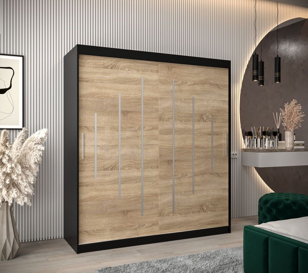 Kleiderschrank EMA – Breite 180 cm, schwarz / Eiche sonoma