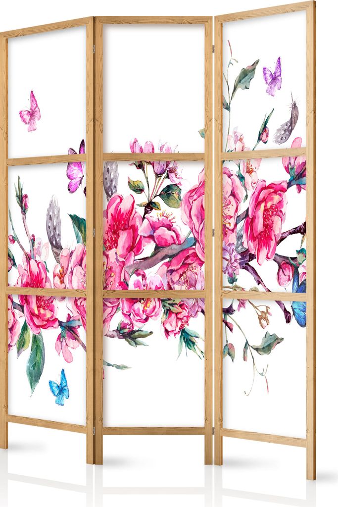Paravent Blumen 135x171 cm 3-teilig einseitig eleganter Sichtschutz Raumteiler Trennwand Raumtrenner Holz Design Motiv Deko Home Office Japan p-B-0...