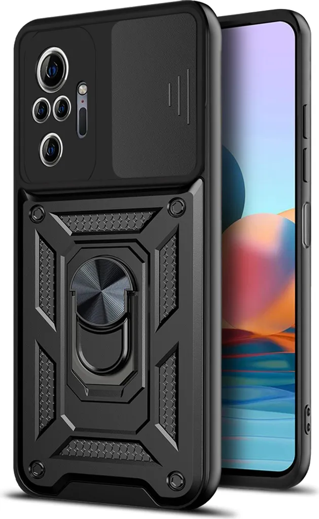 yanasuo Cover con Collana Compatibile con Xiaomi Redmi Note 10 4G/ Note 10S, Cover con Pratico Cordino, Slidable Protezione Fotocamera Slot Carte 360° Anello Supporto, Nero