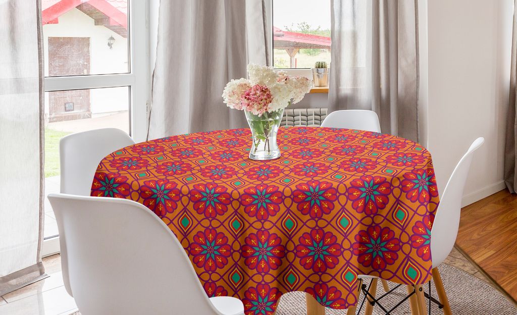 ABAKUHAUS Abstrakt Runde Tischdecke, Floral Inspired Summer Art, Kreis Tischdecke Abdeckung für Esszimmer Küche Dekoration, 150 cm, Marigold und ...