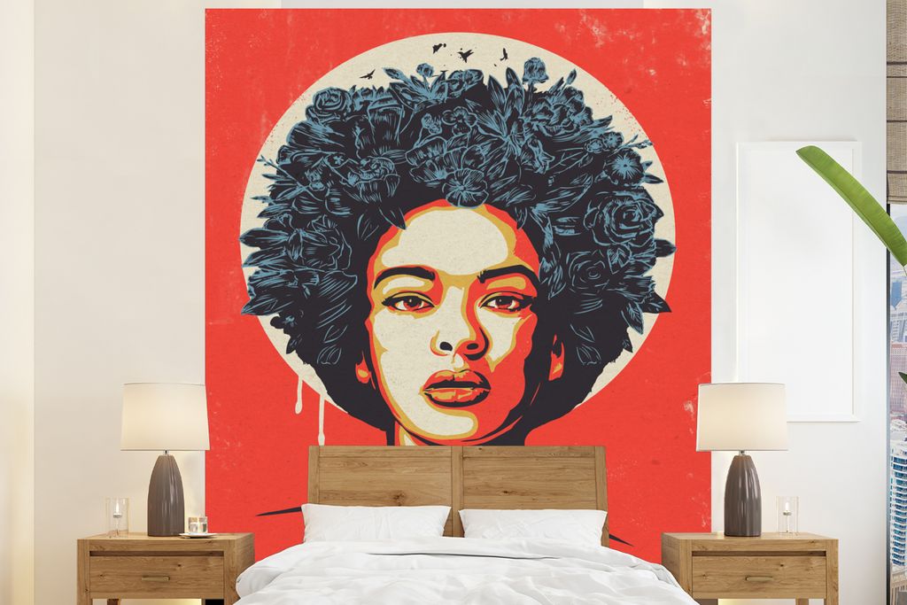 MuchoWow Fototapete für Wohnzimmer oder Schlafzimmer Wandtapete Vinyl Motivtapete Frau - Blumen - Rot - Retro - 225x280 cm - Wohnzimmer tapete