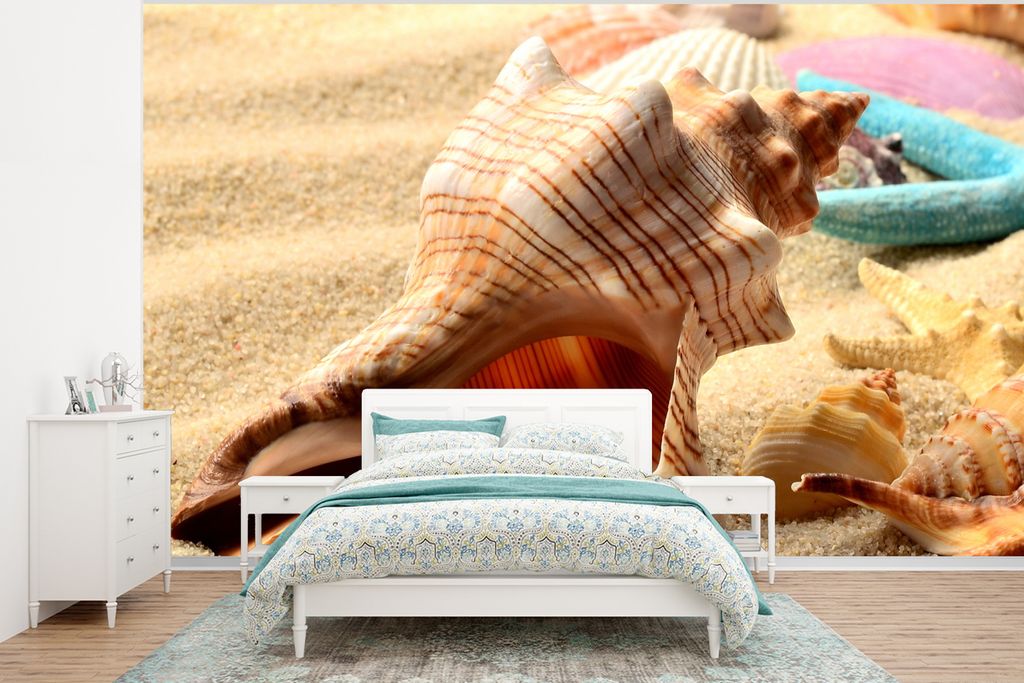 MuchoWow Fototapete für Wohnzimmer oder Schlafzimmer Wandtapete Vinyl Motivtapete Seesterne - Muscheln - Sand - Strand - 350x260 cm - Wohnzimmer...