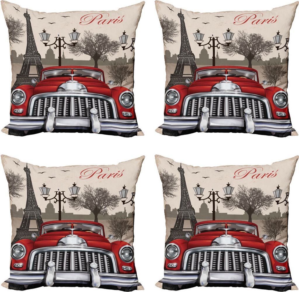 ABAKUHAUS Retro Kissenbezug Set (4 Stück), Parisere Stadt-Landschaft, Moderner Doppelseitiger Digitaldruck, 45 cm x 45 cm, Red Creme Grau