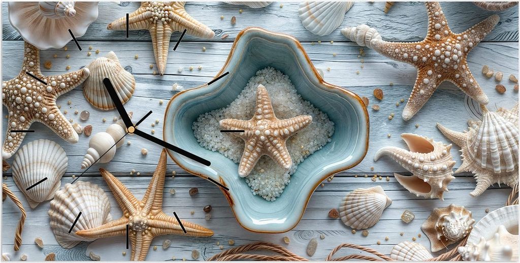 Wanduhr aus Glas mit Motiv Muscheldeko Sternform- 60 x 30 cm - inkl. Aufhängesystem