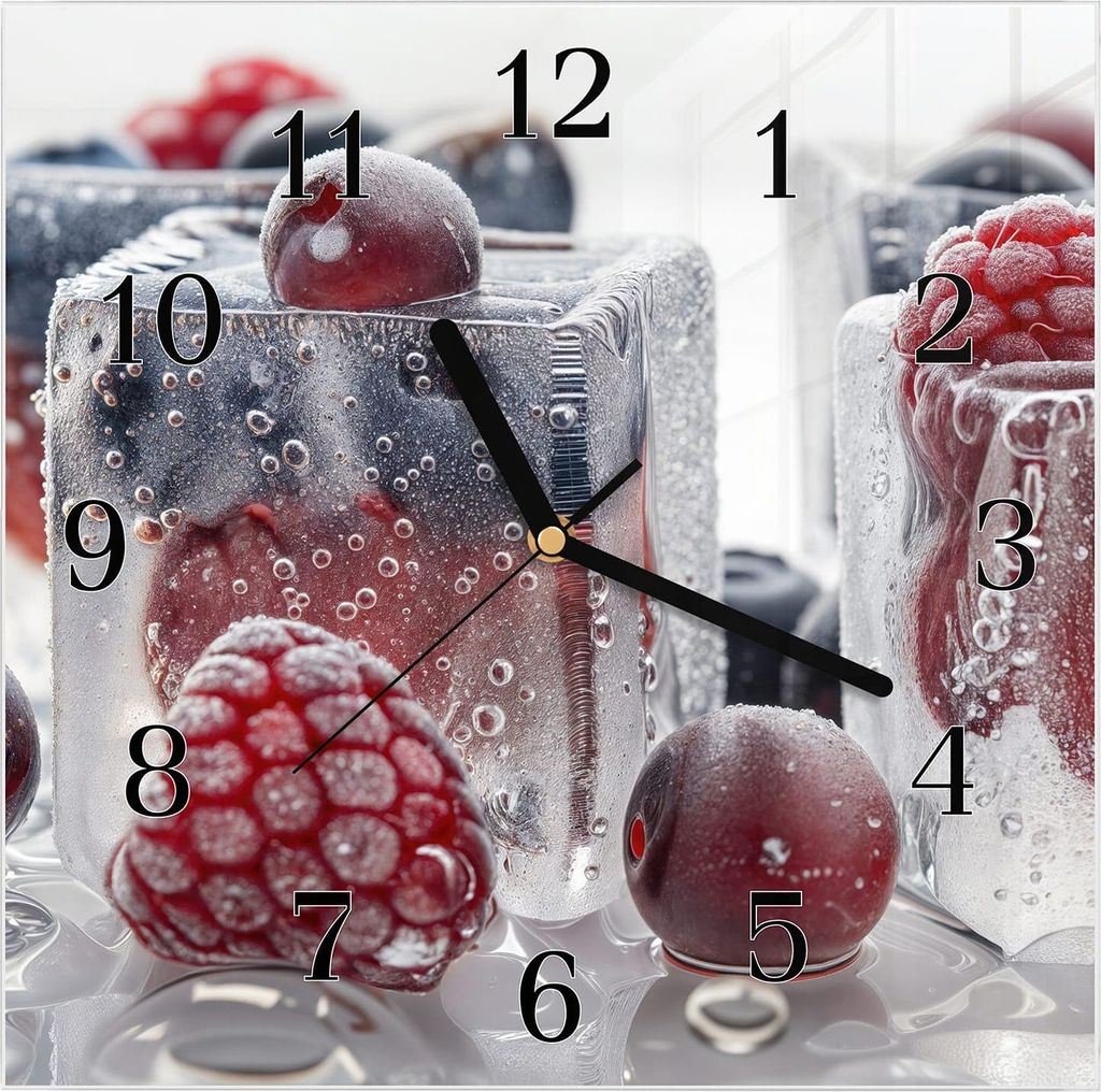 Wanduhr aus Glas mit Motiv Gefrorene Beeren- 30 x 30 cm - inkl. Aufhängesystem
