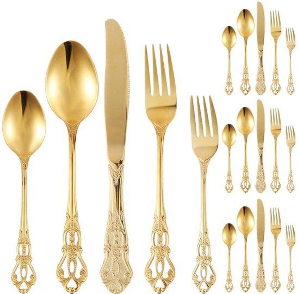 Luxus-Gold-Besteck für 4 Personen, 20-teilig, inkl. Gabeln, Löffeln und Messern, edelstahl, glänzend poliert, Waschmaschinetauglich.
