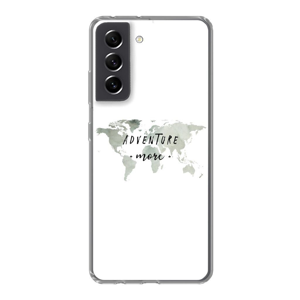 MuchoWow Handyhülle Schutzhülle Hülle für Samsung Galaxy S21 FE Weltkarte - Grau - Zitate Silikon Softcase Handy Hülle - Mobiltelefonhülle