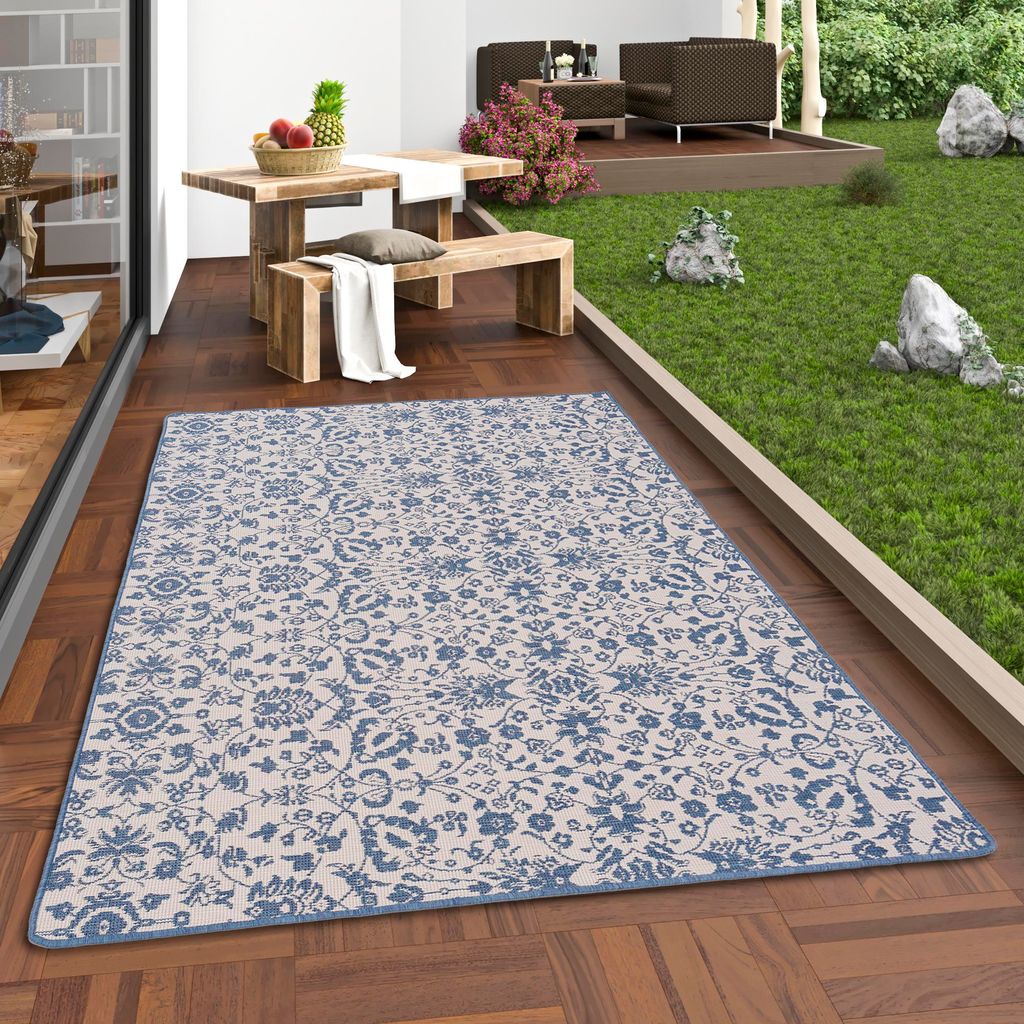 In- und Outdoor Teppich Beidseitig Newport Blau Blumen, Größe:100x200 cm