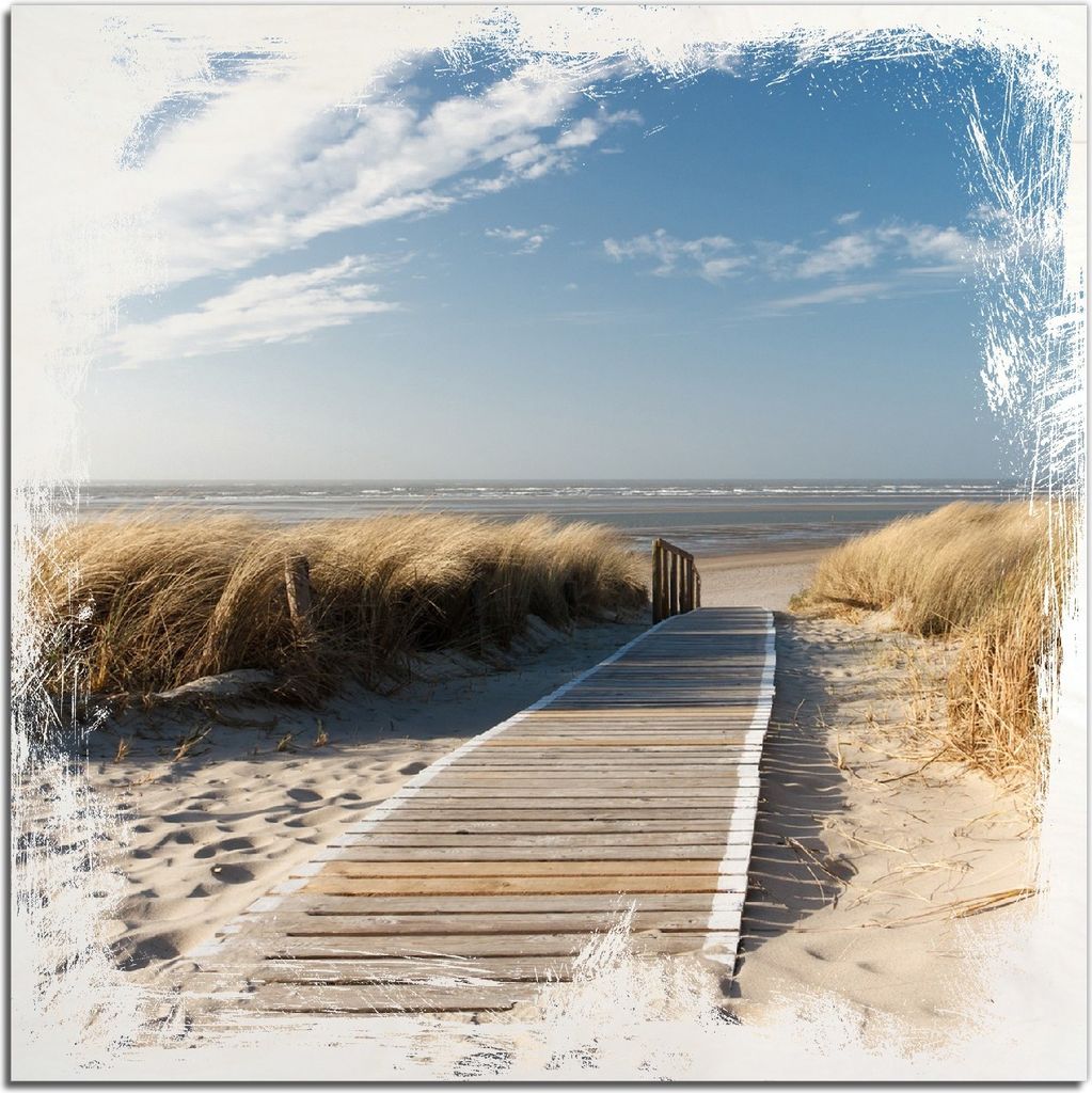 Kunstdrucke Wandbilder Holz in : Brillante Farben, Größe 50 x 50 cm Motiv Auf dem Holzweg zum Strand