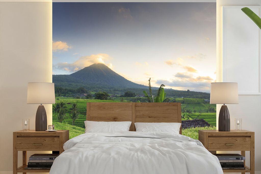 MuchoWow Fototapete für Wohnzimmer oder Schlafzimmer Wandtapete Vinyl Motivtapete Indonesien - Berg - Reis - 300x300 cm - Wanddekoration