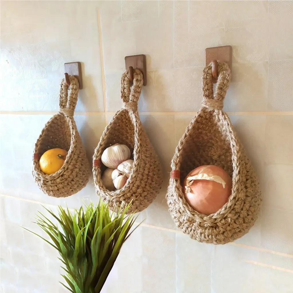 3 Stück Hängende Obstkörbe - Handgewebte Baumwollkörbe Grün/Beige