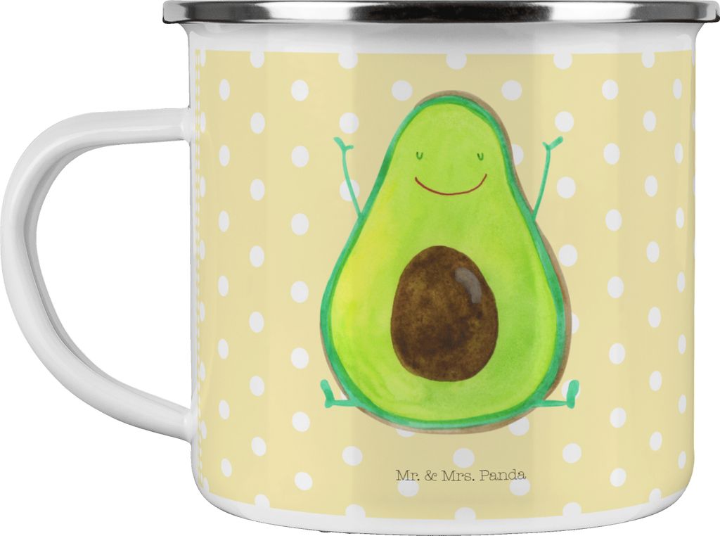 Mr. & Mrs. Panda Camping Emaille Tasse Avocado Glücklich - Gelb Pastell - Geschenk, Freude, Chaos, Frucht, Motivtasse, Pott, Campingtasse, Teetass...