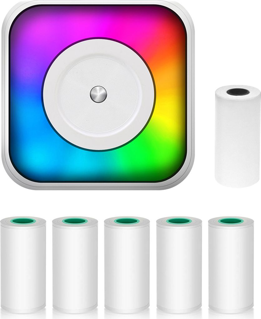 Mini-Thermodrucker, Aufkleber-Maker mit RGB-Licht, Bluetooth sofortiger Fotodruck, mit 1 Thermopapierrolle 57mm + 5 Selbstklebepapierrollen