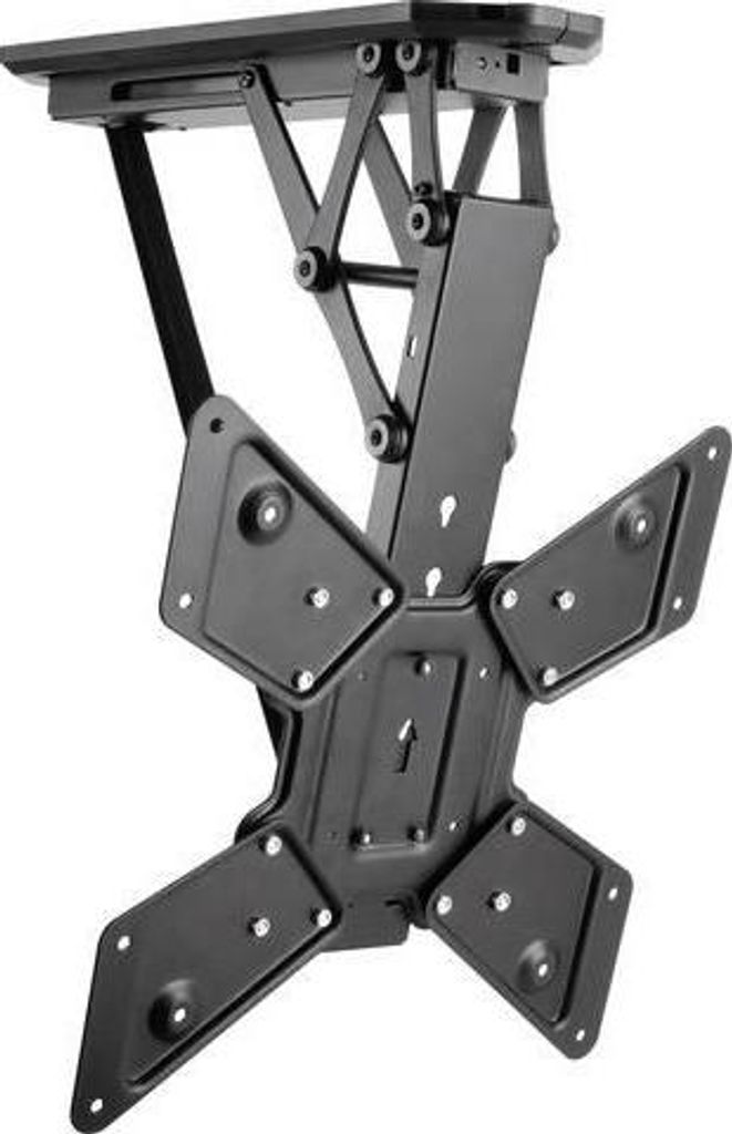 A black ceiling mount for a television. The mount is suspended from a flat surface and features a scissor-like mechanism for height adjustment.