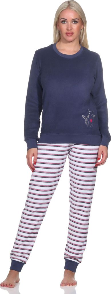 Damen Frottee Pyjama, Hose gestreift, Oberteil mit süssen Tiermotiv - auch in Übergrössen ; marine , 36