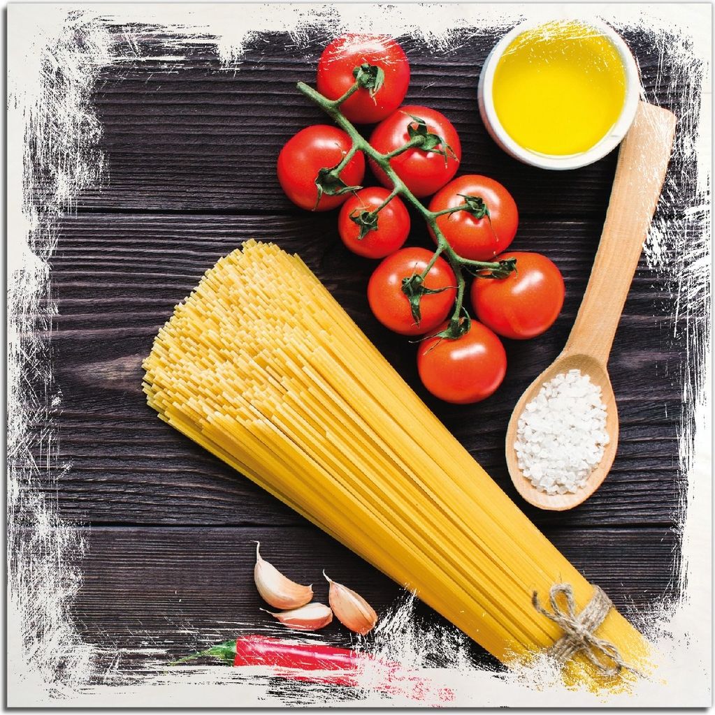 Kunstdrucke Wandbilder Holz in : Brillante Farben, Größe 50 x 50 cm Motiv Italienisches Menü mit Spaghetti, Tomaten, Salz und Chilischoten