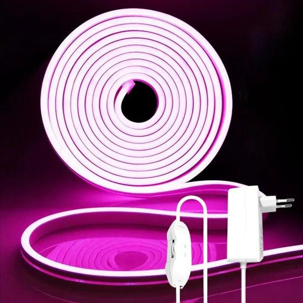 Néon LED Rose 5m Étanche IP65 avec Variateur d'Intensité et Prise Murale