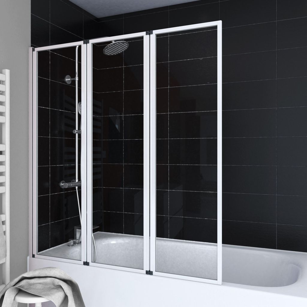 A modern bathroom with black tiled walls and a white bathtub, featuring a three-panel folding shower screen.