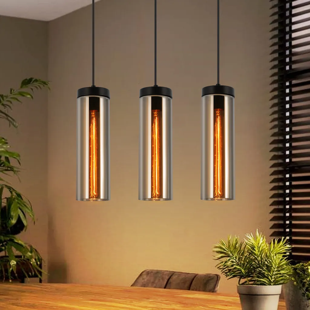 Lampadario Tavolo da Pranzo Vetro ZMH 3 Luci E27 Vintage Nero