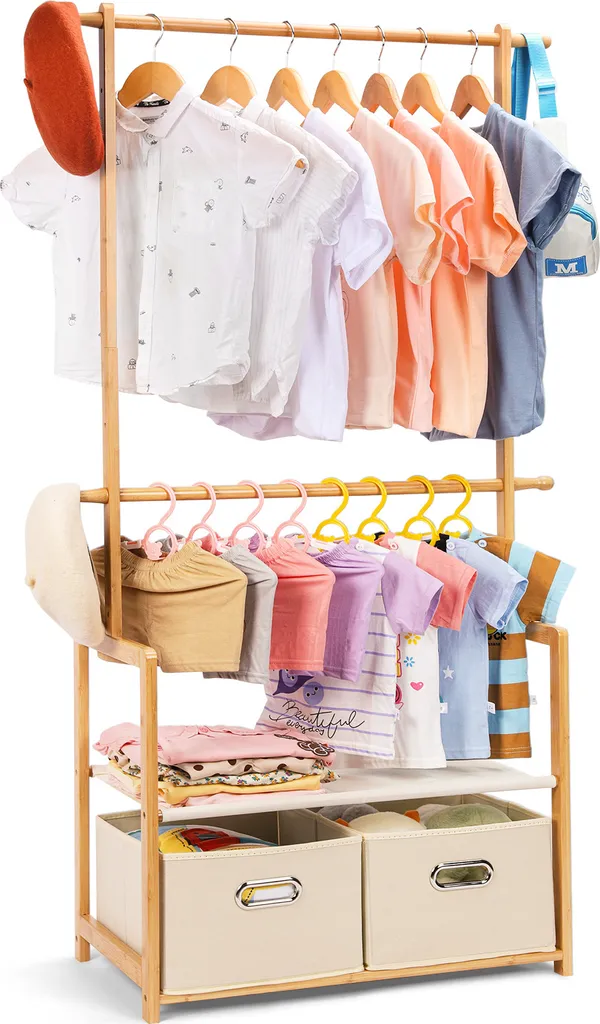 Penderie enfant en bois de bambou avec bacs de stockage pour chambre