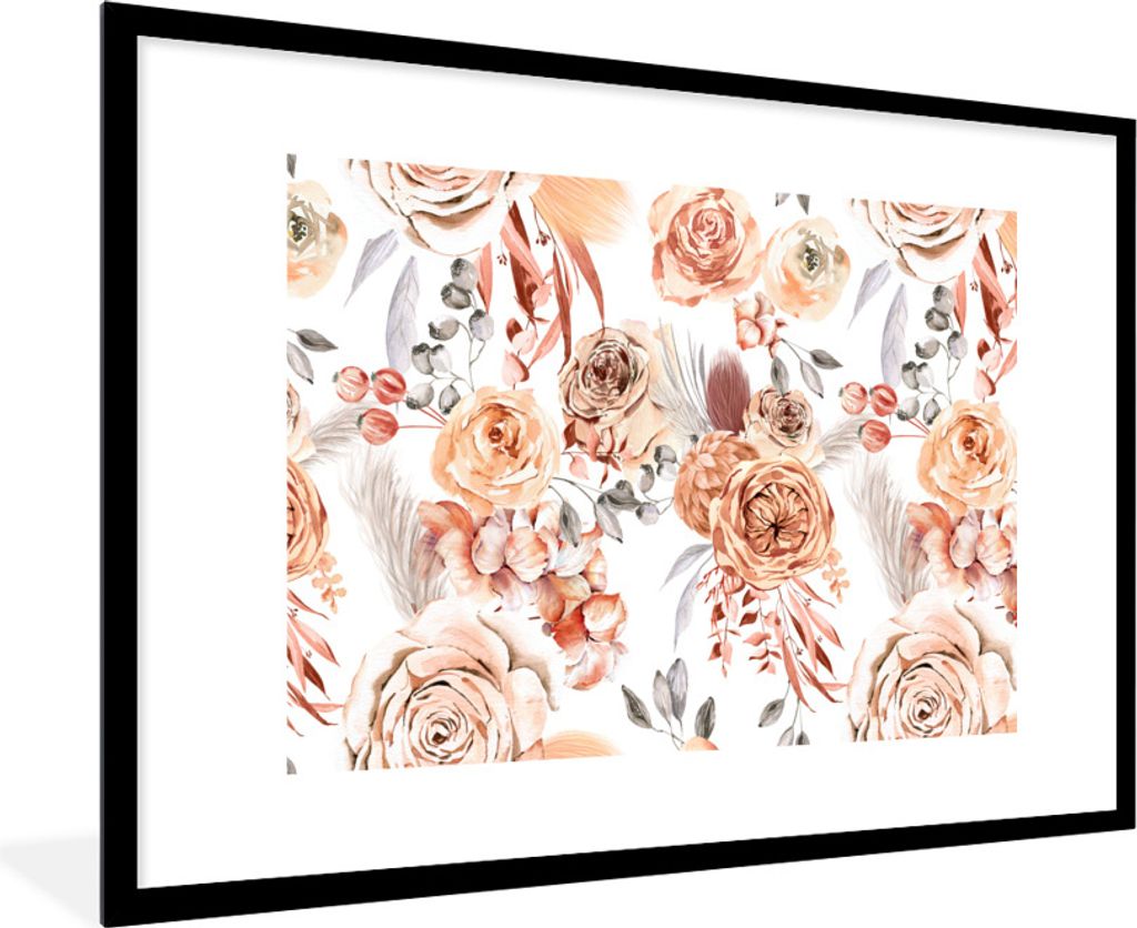 MuchoWow Gerahmtes Poster Rosen - Boho - Muster 90x60 cm - Poster mit Schwarzem Bilderrahmen Wandposter Rahmen Foto Bilder - Wanddekoration - Fotos