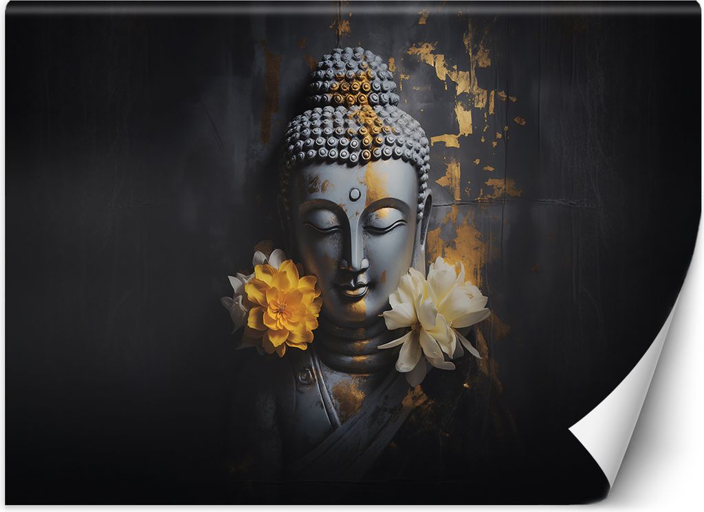 Vlies fototapete Grauer Buddha und Blumen 300x210 cm Feeby Schwarz inkl. Kleber einfache Montage