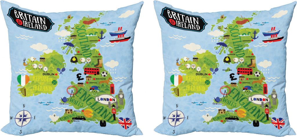 ABAKUHAUS Fernweh Kissenbezug Set (2Stück), Landkarten von Großbritannien Irland, doppelseitiges Digitaldruckdekor mit Reißverschluss, 50 cm, Bl...