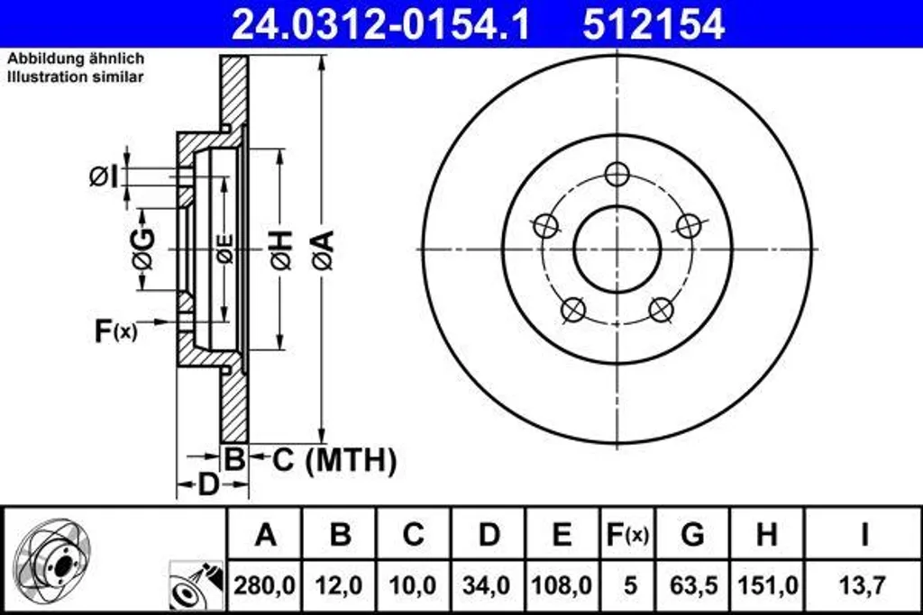 Disque de frein ATE 24.0312-0154.1 pour Mondeo et Jaguar X-Type (OE 4098427)