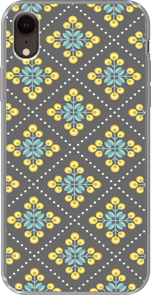 MuchoWow Handyhülle Schutzhülle Hülle für Telefoonhoesje iPhone XR Design - Kariert - Blumen - Grau Silikon Softcase Handy Hülle - Schutzdeckel