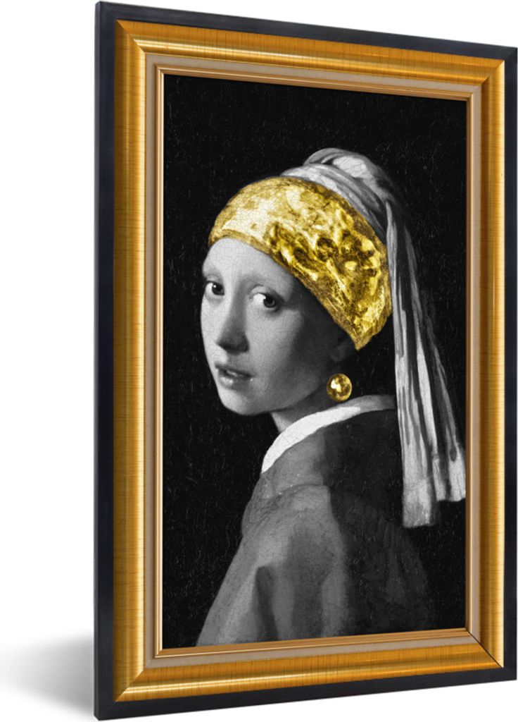 MuchoWow Gerahmtes Poster Das Mädchen mit dem Perlenohrring - Vermeer - Gold - Rahmen 60x90 cm - Poster mit Schwarzem Bilderrahmen Wandposter Ra...