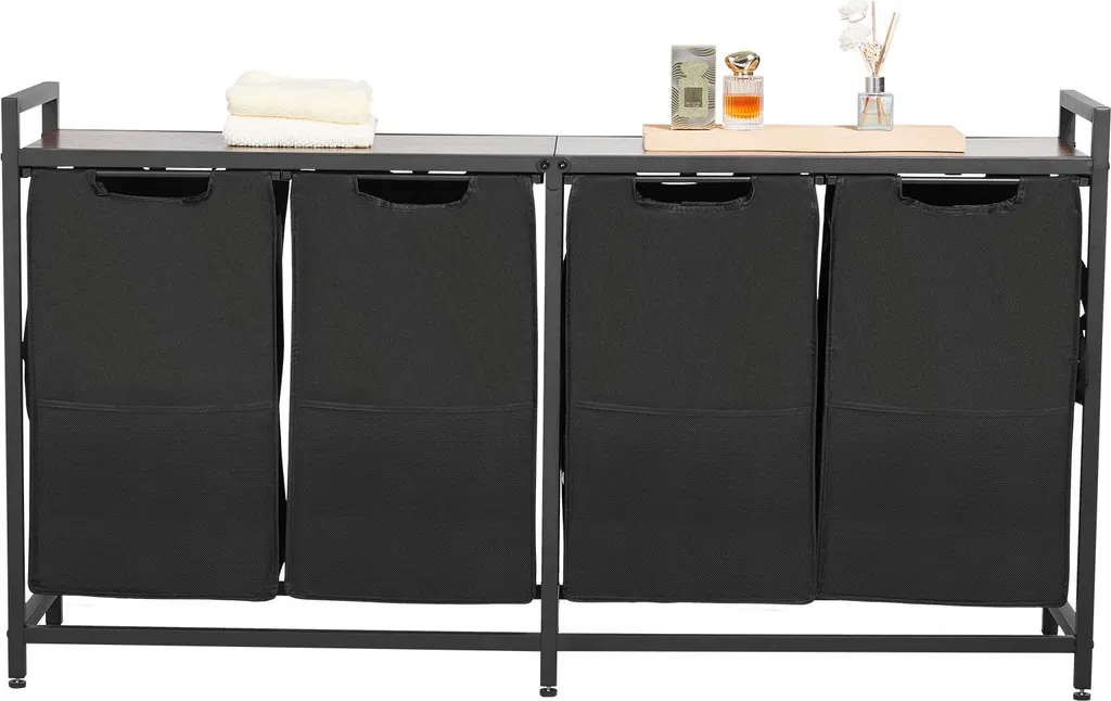 Cesto Biancheria VEVOR 4 Scomparti 600D Oxford e Piano in Legno Nero