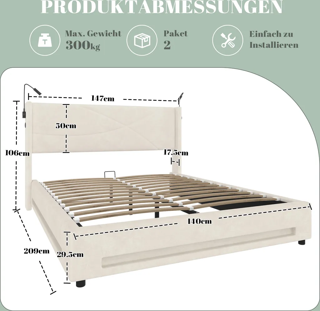 Lit hydraulique 140x200cm en velours beige avec lampes intégrées - 7