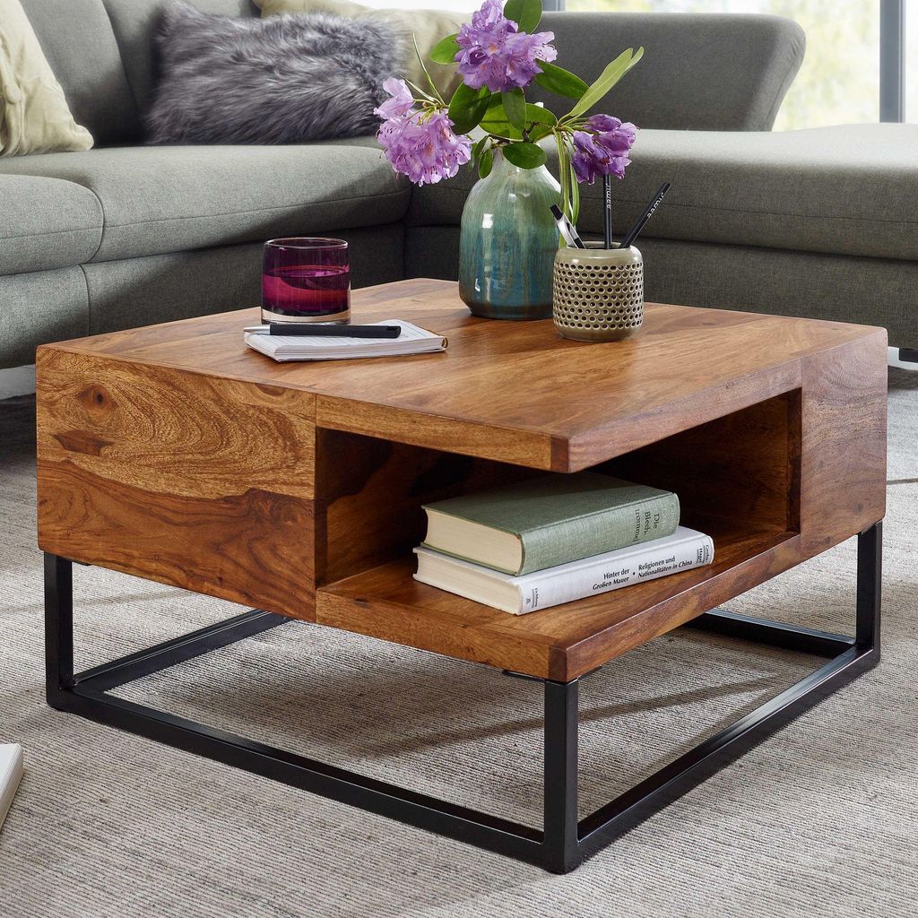 FineBuy Table basse 60x60x34,5 cm Sheesham massif / métal Image du produit 
