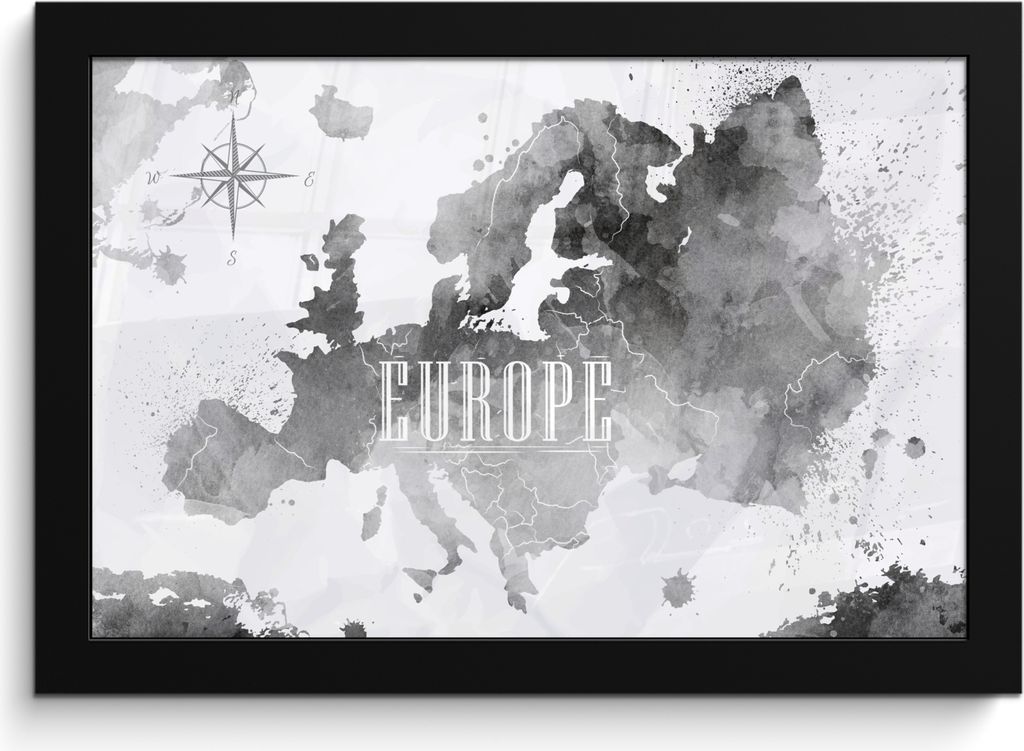MuchoWow MuchoWow Gerahmtes Poster Aquarell - Weltkarte - Schwarz 30x20 cm - Poster mit zchwarzem Bilderrahmen - Kunstdruck - Bild-Poster