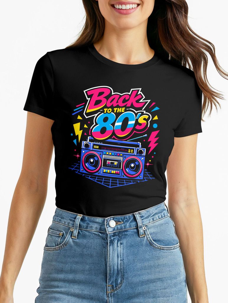 Damen T-Shirt - Back tu the 80s - Retro Design Fasching Karneval Kostüm-Ersatz Verkleidung Last Minute Kostüm Funshirt Moonworks