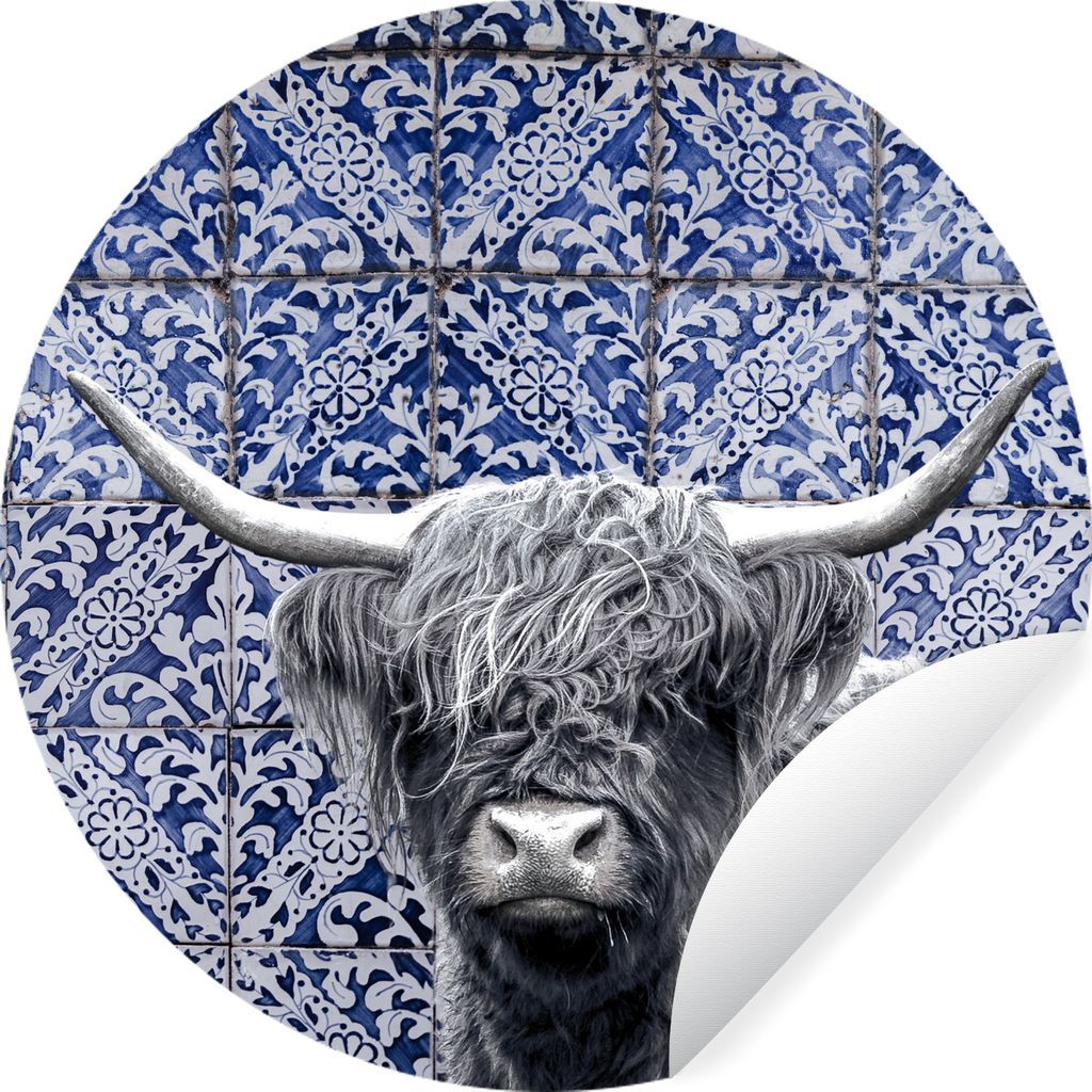 MuchoWow Runde Wandtattoo - Wandsticker Tapete Aufkleber Schottischer Highlander - Delfter Blau - Schwarz - Weiß Ø 50 cm Selbstklebend und Repo...