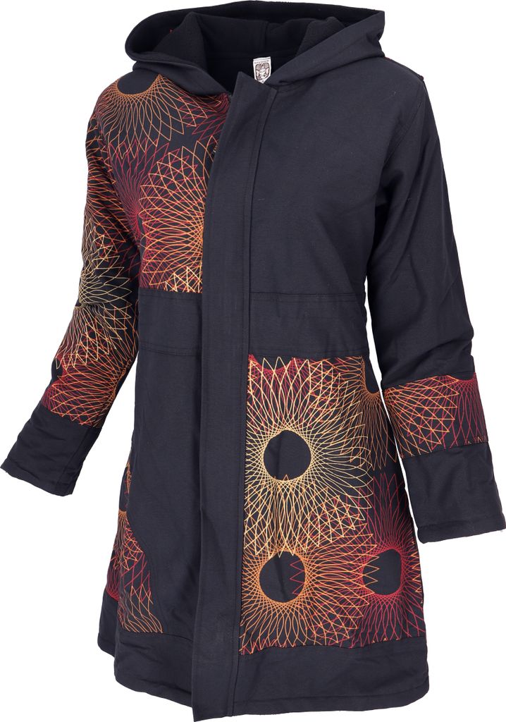 Boho Hippie Chic Jacke, Patchwork Jacke, Kurzmantel - Schwarz/rot, Damen, Baumwolle, Größe: S