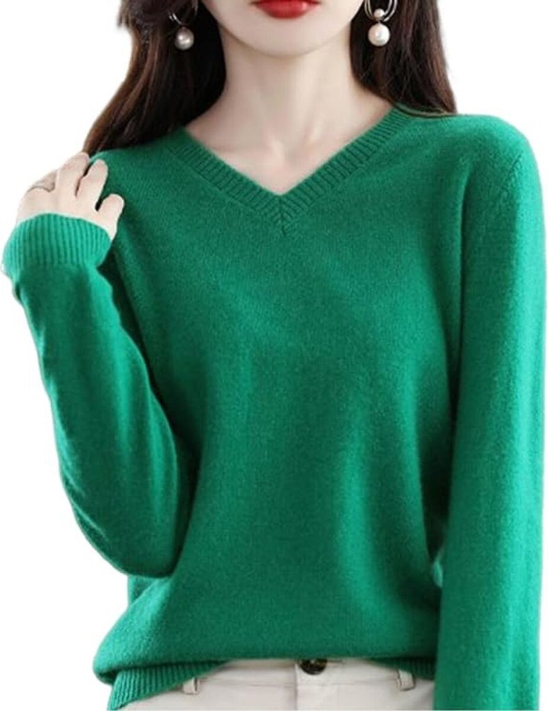 ASKSA Damen Wolle V-Ausschnitt Pullover Leicht Sweater Elegant Strickpullover Slim Fit Warm Pulli Basic Sweatshirt, Gruen, XL