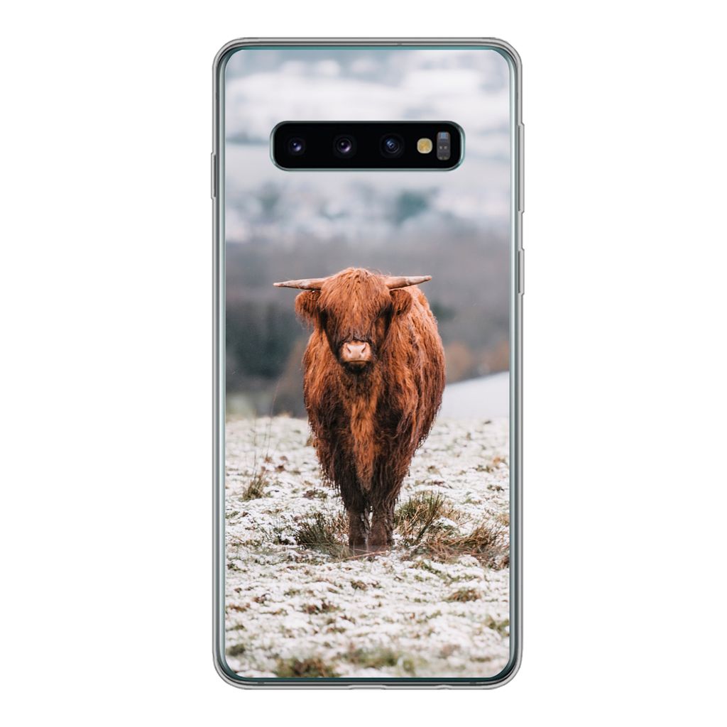 MuchoWow Handyhülle Schutzhülle Hülle für Samsung Galaxy S10 Schottischer Highlander - Schnee - Berg Silikon Softcase Handy Hülle - Handytasche