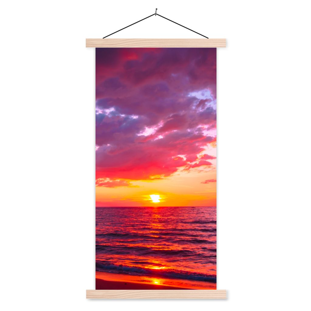 MuchoWow Textilposter Sonne - Horizont - Rosa - Palme - Meer 60x120 cm mit holzfarbenen Rahmen - Holz