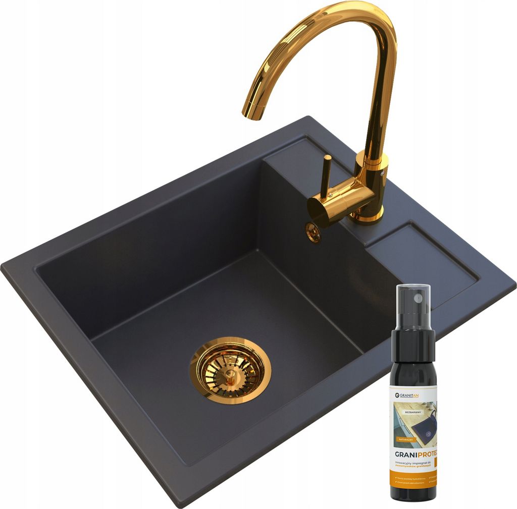 Granitan | Granitspüle - Spülbecken - 50x40 cm - Schwarz - Küchenarmatur BETA Gold - BEST