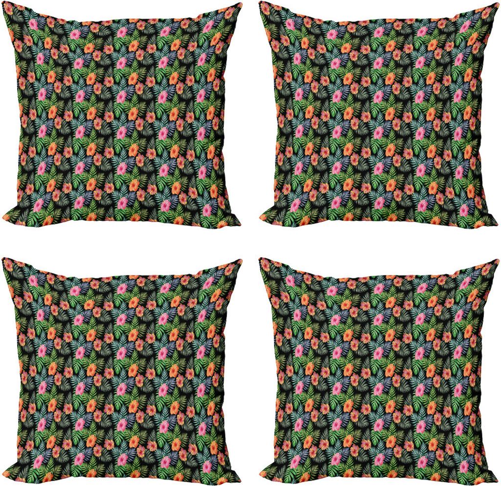 ABAKUHAUS Hibiskus Kissenbezug Set (4 Stück), Palme und Blumen, Moderner Doppelseitiger Digitaldruck, 60 cm x 60 cm, Mehrfarbig