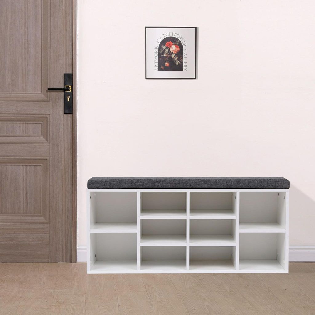Happy Home Sitzbank mit stauraum 10 Fächern Schuhbank mit sitzkissen, Kommode für Schuhe, Schuhschrank mit Sitzfläche für Flur Schlafzimmer Weiß