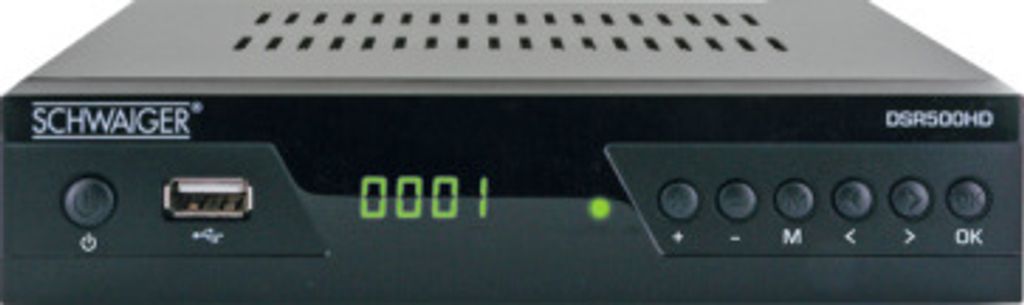 A front view of a black and gray satellite receiver with a digital display and buttons.