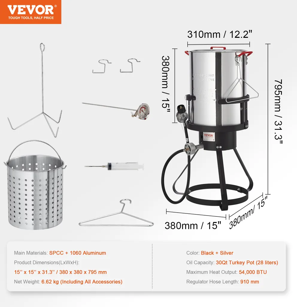 Friggitrice per tacchini VEVOR, set di cottura per friggitrice per tacchini da 30 litri, pentola per friggere all'aperto in alluminio, bollitore a gas propano con bruciatore da 54.000 BTU, cestello incluso, supporto per pollame forato, ecc. - 7