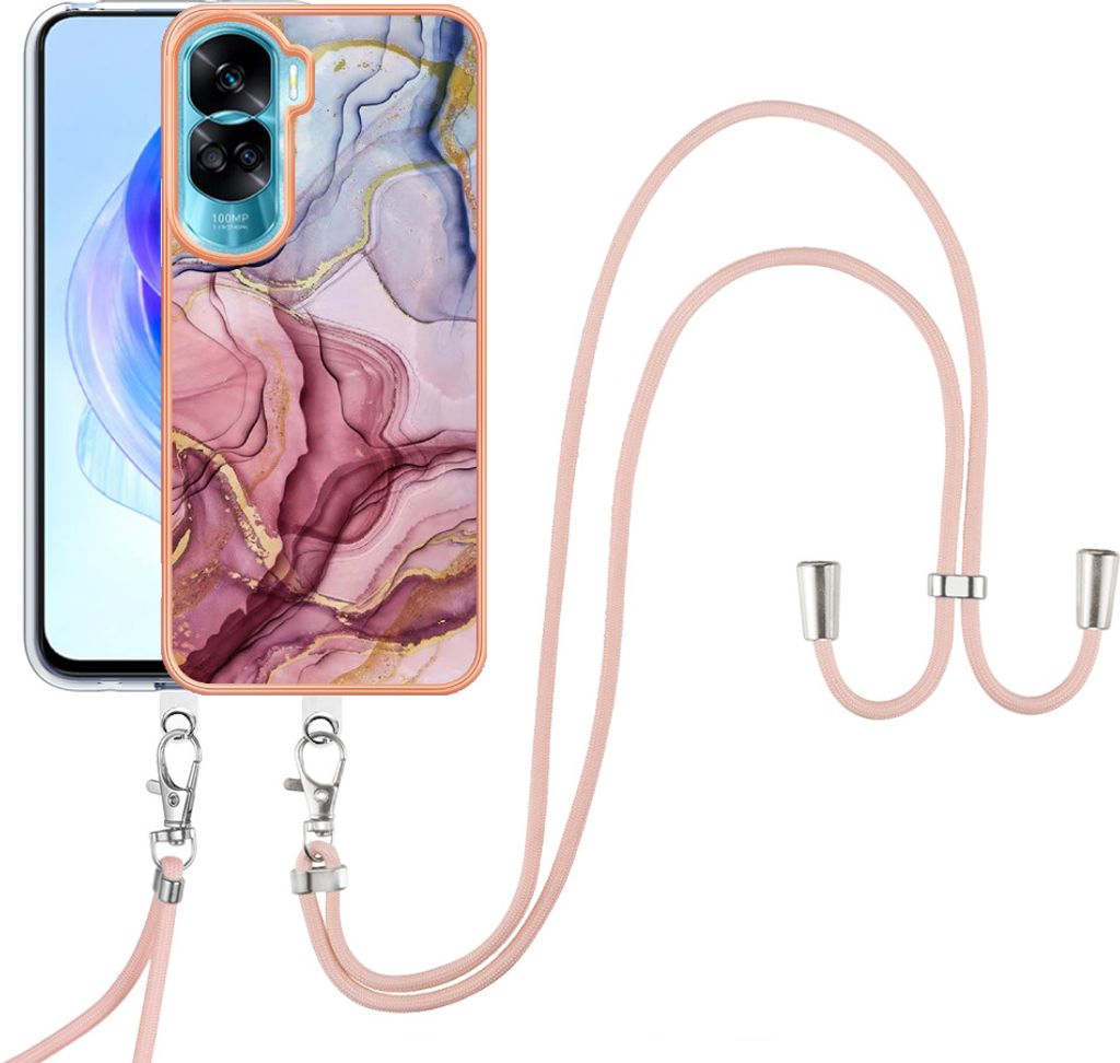 Handykette Hülle für Honor 90 Lite 5G Muster TPU Schutzhülle mit verstellbarem Tragegurt Rot
