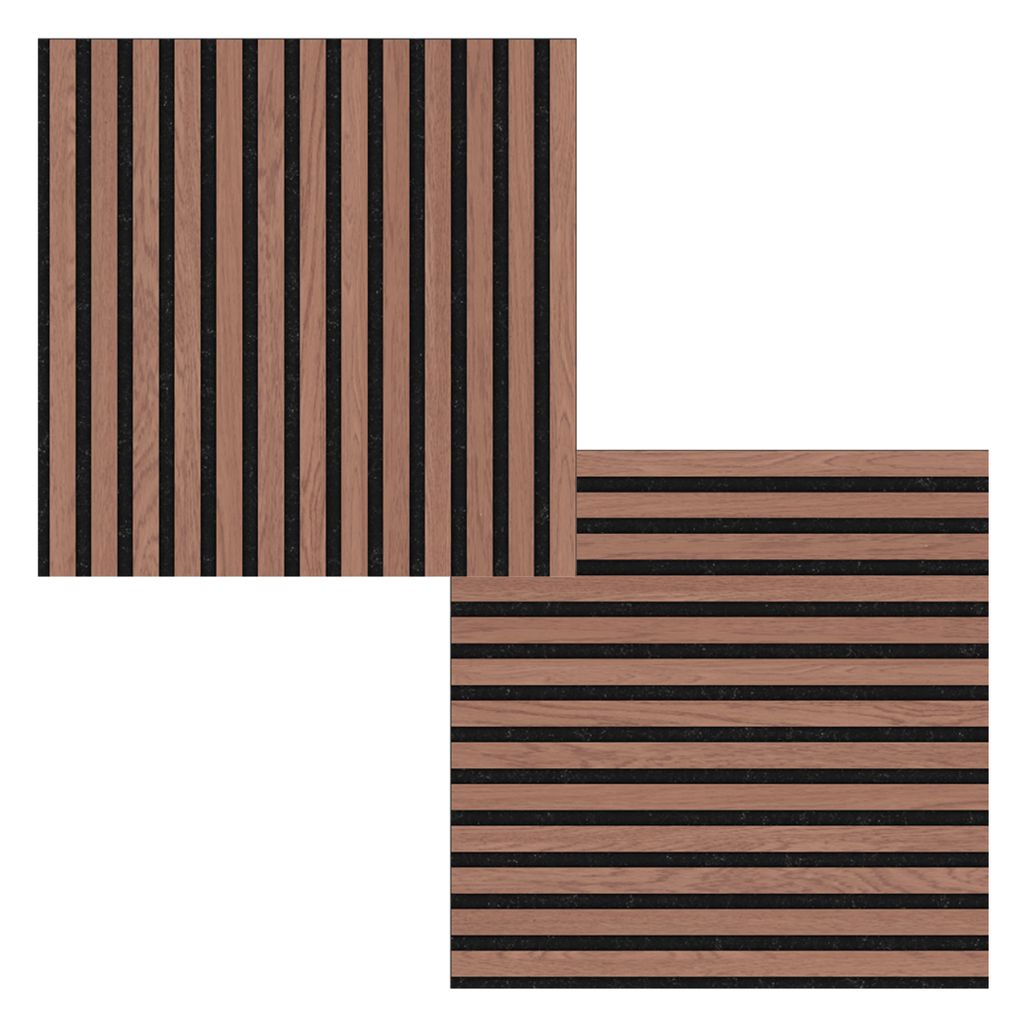 Two acoustic panels, one with vertical slats and the other with horizontal slats, are shown against a white background.