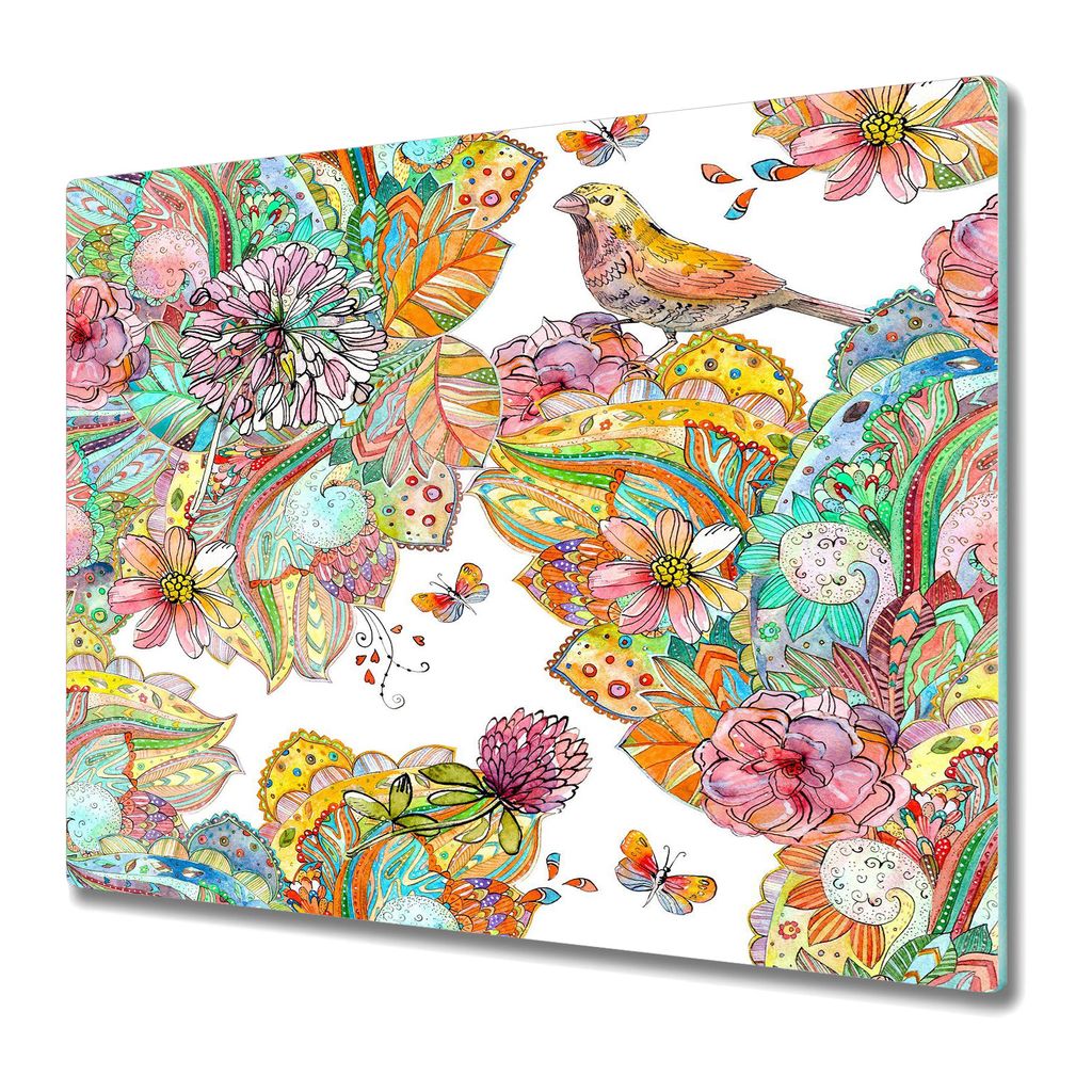 Küchenschneidebrett - Glasschneidebrett - Herdabdeckung - 60x52 - Buntes Mandala Vögel und Blumen