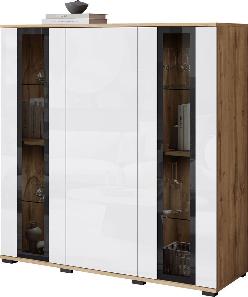 MIRJAN24 Türkommode CARO HB 120, Stilvoll Wohnzimmer, Kommode mit drei Drehtüren (Farbe: Wotan / Weiß Hochglanz, ohne Beleuchtung)