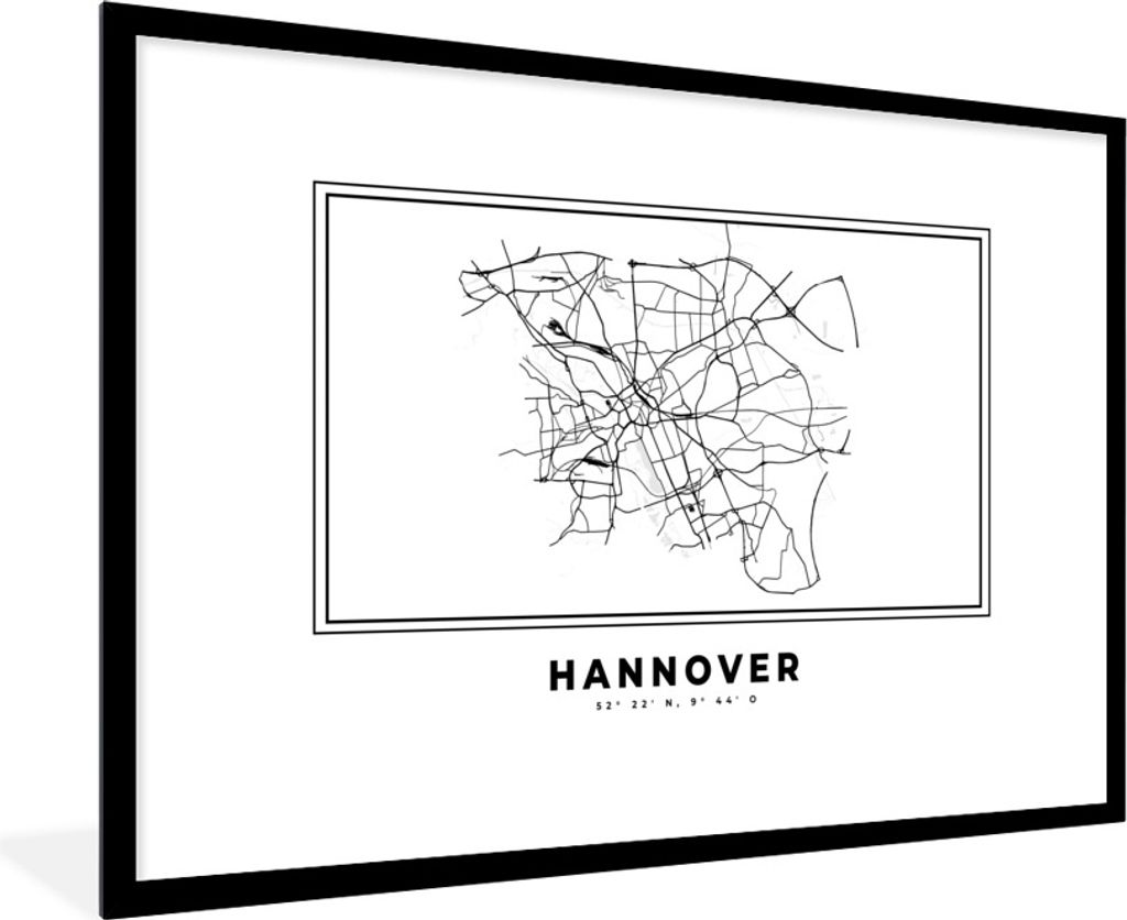 MuchoWow Gerahmtes Poster Schwarz und weiß - Deutschland - Karte - Stadtplan - Hannover 90x60 cm - Poster mit Schwarzem Bilderrahmen Wandposter ...